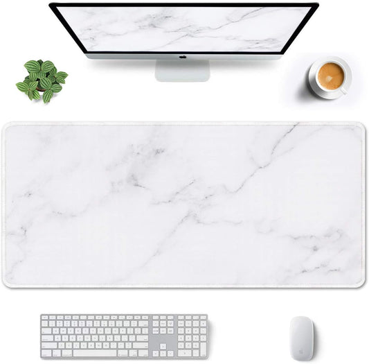 Auhoahsil Large Gaming Mouse Pad, Marble Theme XXL 35.4 x 15.7 in Desk Pad Stitched Non-Slip Rubber Long Computer Mousepad Thin Extended Full Size Desk Mat for Desktop, Laptop, Wireless Mice, White
