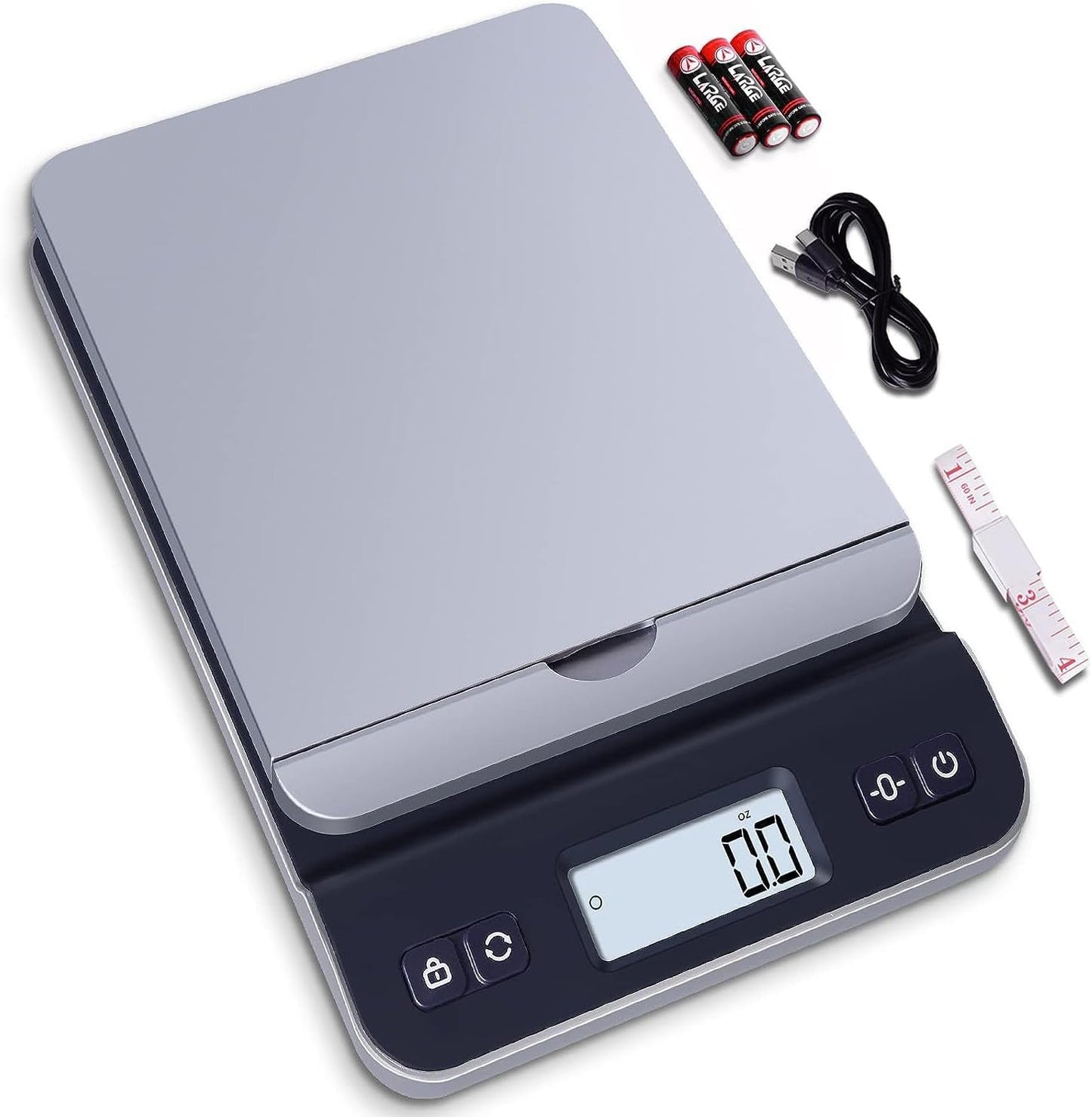 QP Shipping Scale, 86lb/0.1oz High Accuracy Digital Postal Scale for Packages, Hold/Tare Function, Backlit LCD Display, Flip-up Holder, Postage Scale, Mail Scale, Battery & Tape Measure Included