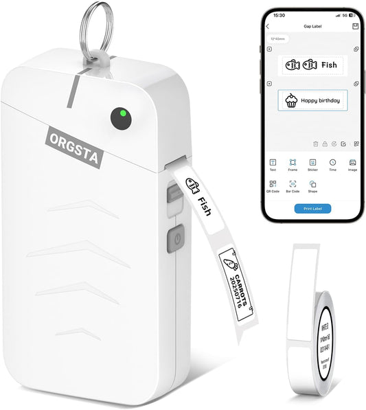 ORGSTA S001 Label Maker Machine with Tape, Portable Bluetooth Label Maker for Home and Office Organization, Thermal Label Printer Mini Sticker Maker with Multiple Templates, White