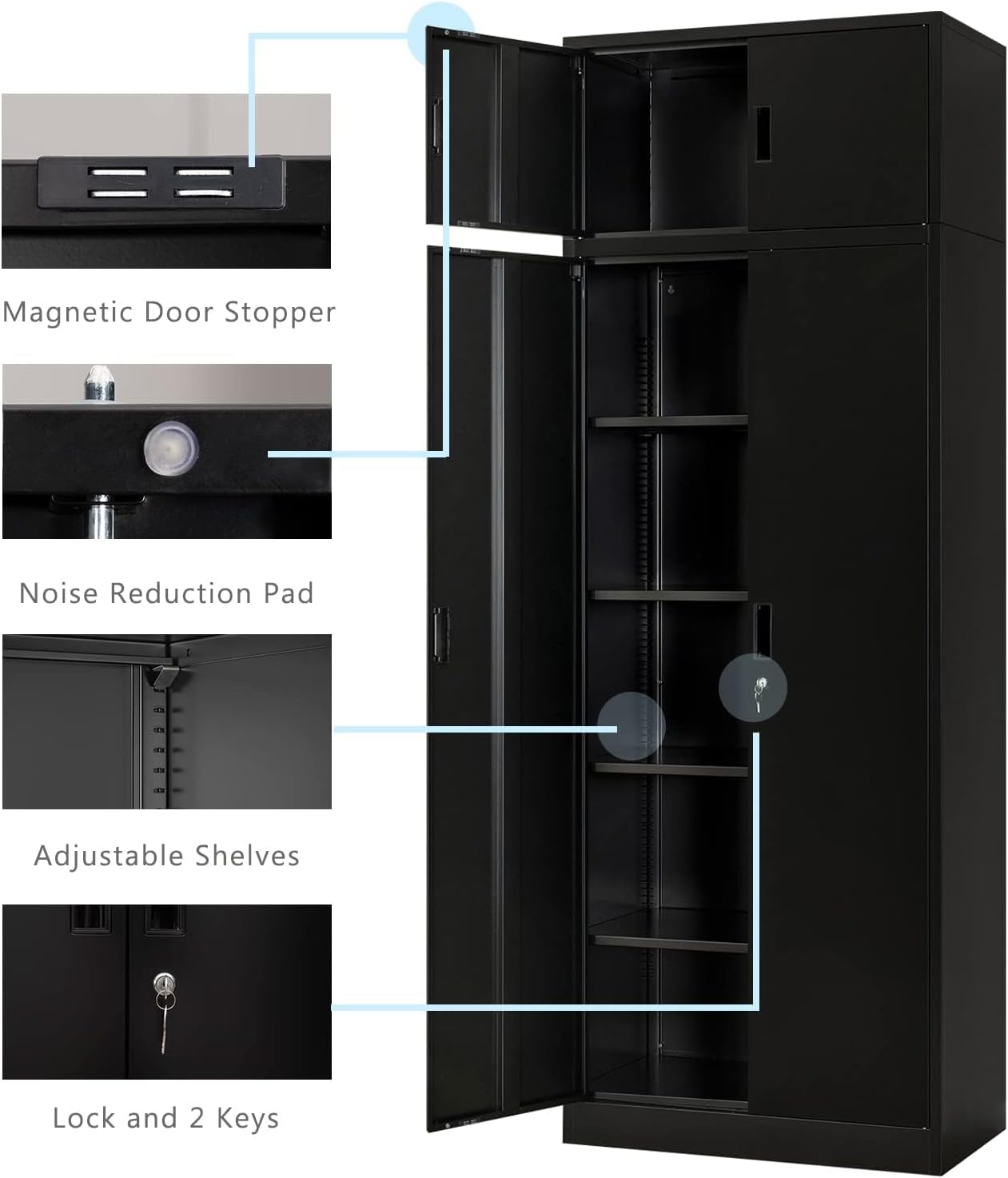 BESFUR Metal Storage Cabinet 87" H，Black Locking Storage Cabinets with Top Cabinet and 4 Adjustable Shelves for Home Office, Garage,School, Apartment, Warehouse, Utility Room