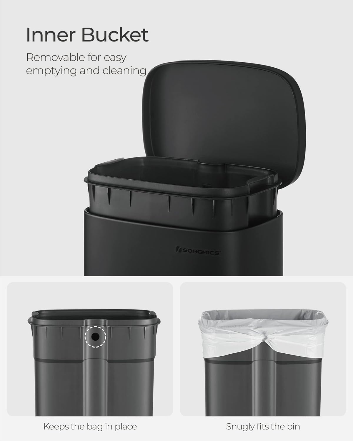 SONGMICS Trash Can with Lid, 8 Gallon Garbage Can, Stainless Steel Small Waste Bin with Step Pedal and Inner Bucket, Soft Close, Kitchen, Black ULTB102B01