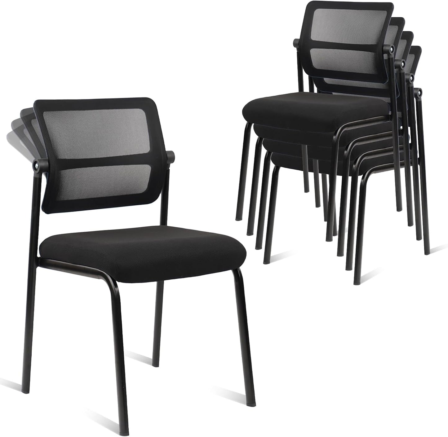 CLATINA Stacking Armless Office Waiting Room Chair with Adjustable Backrest, Stackable Mesh Guest Reception Desk Chairs with Ergonomic Lumbar Support for Conference Lobby Side School, Black, 4 Pack