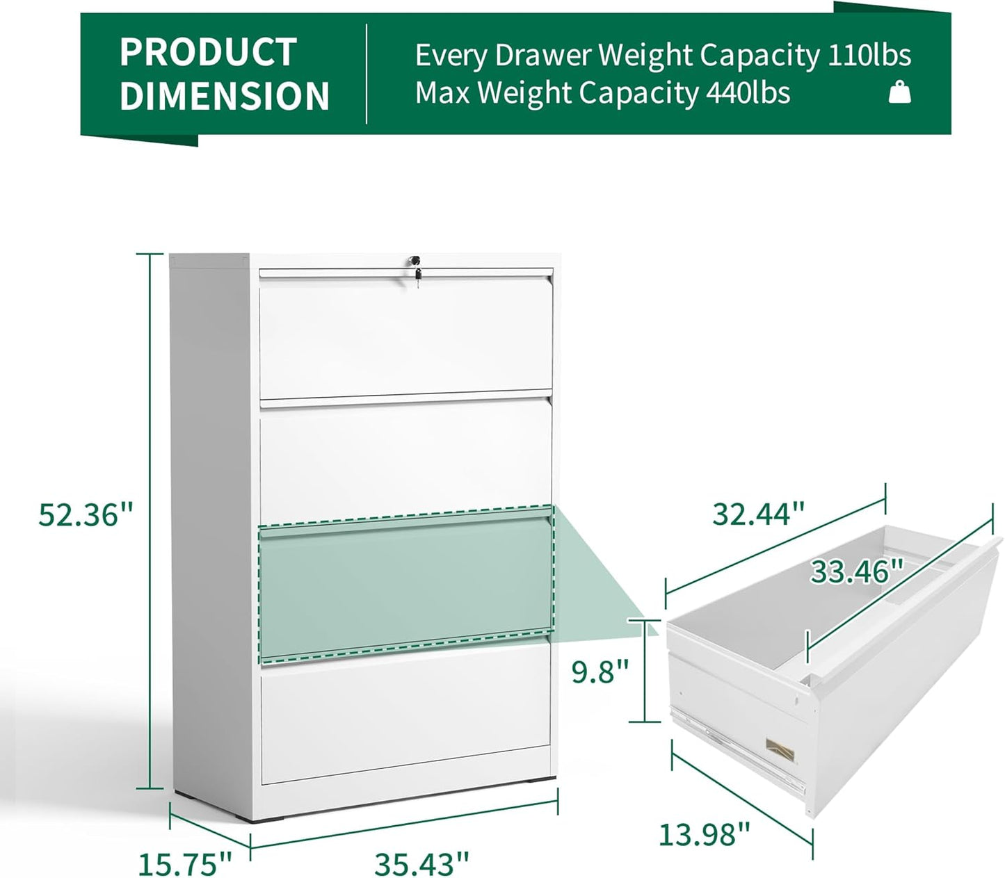 4 Drawer Lateral File Cabinet, Metal Filing Cabinets for Home Office, Steel Storage Wide File Cabinet for Letter/Legal/F4/A4 Size with Hanging Bars, Assembly Required (White)