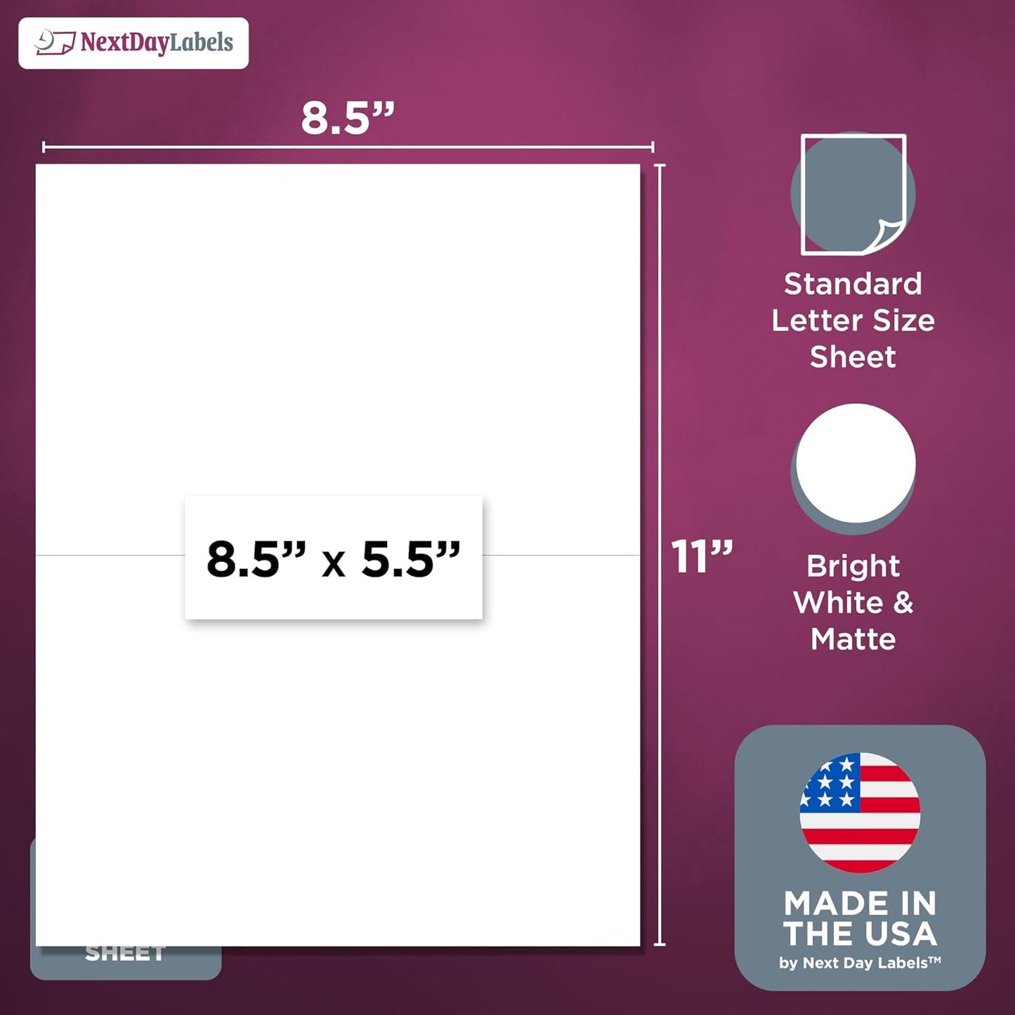NextDayLabels – 8-1/2" x 5-1/2" Rectangular Sticker Labels for Printer - White Laser/Inkjet Printer Labels Return Address Labels Shipping Label Stickers (500 Sheets, 2 Per Sheet, 1000 Labels)