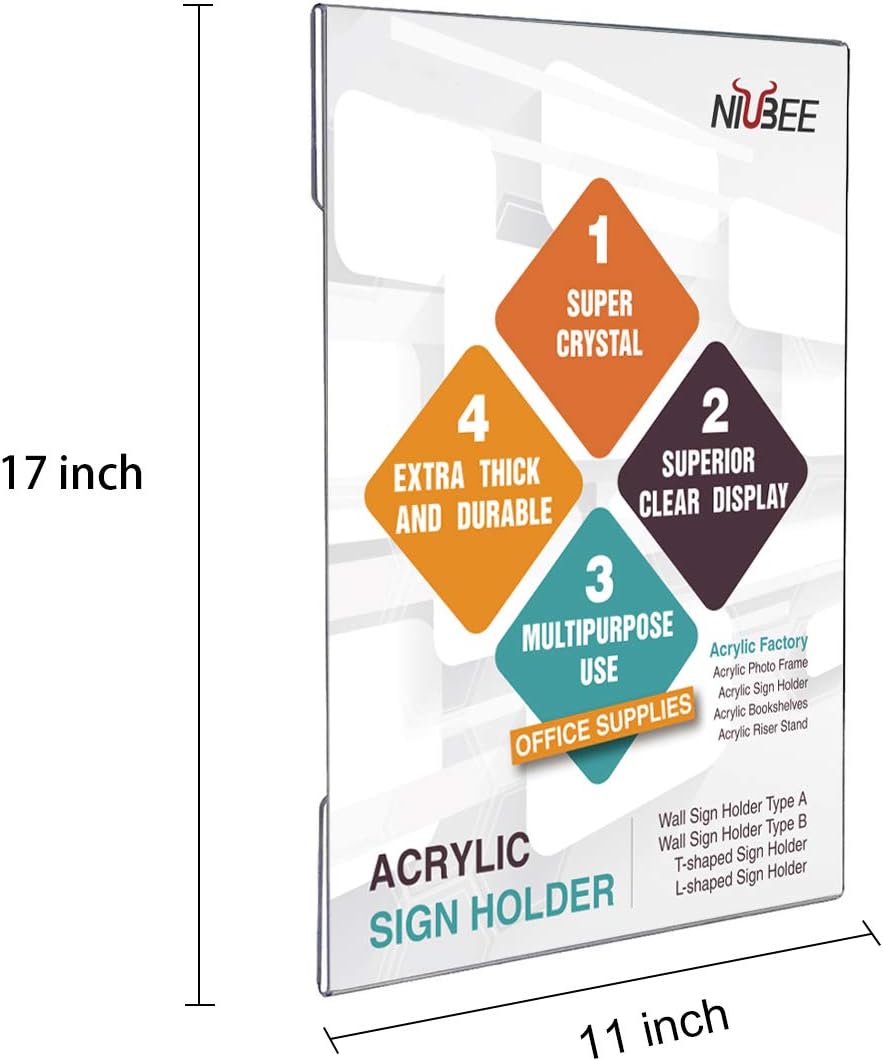 Niubee 6 Pack Acrylic Sign Holder 11 x 17 inches Wall Mount Sign Holders Clear Acrylic Frame with Double Sided Tape Clear Poster Frames Plastic Sign Holder for Office, Home, Restaurant, Vertical