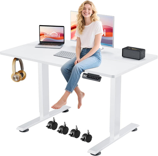 Himimi Electric Standing Desk 48 x 24 inch for Home Office,Sit-Stand Adjustable Desk with Memory Presets,Height Adjustable Desk for Gaming/Working,Free Hook, Lockable Wheels,White
