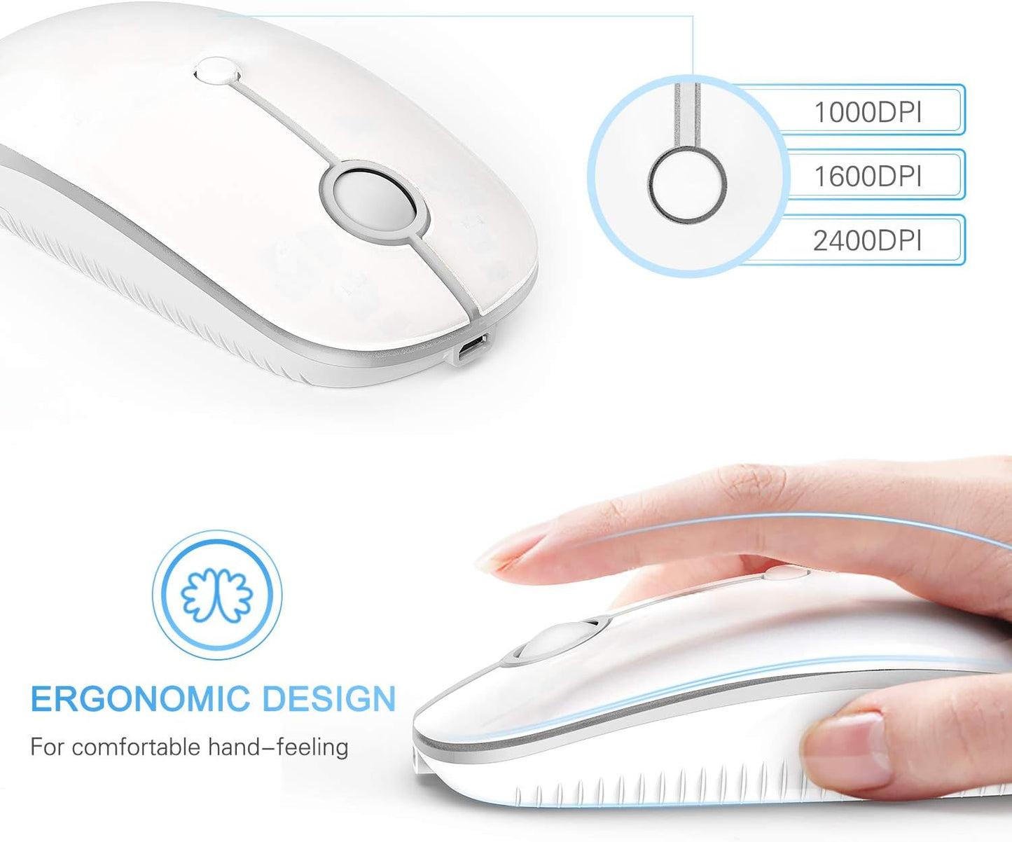 Type C Wireless Mouse，Vssoplor USB C Mouse Dual Mode 2.4G Cordless Mice with Nano USB and Type C Receiver Compatible with PC, Laptop, MacBook and All Type C Devices-White Silver