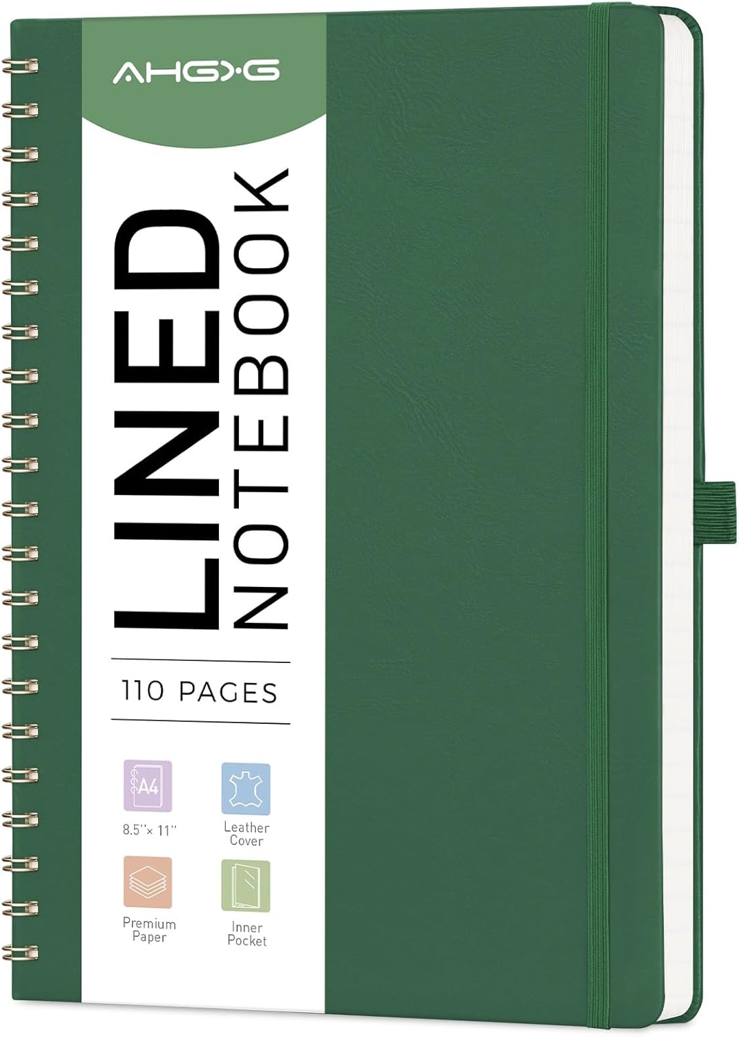AHGXG Lined Spiral Notebook 8.5" x 11", A4 Large Notebooks for Women Men, Hardcover Leather Notebook College Ruled, 100 GSM Thick Paper, Notebooks for Work School Note Taking Writing, Green