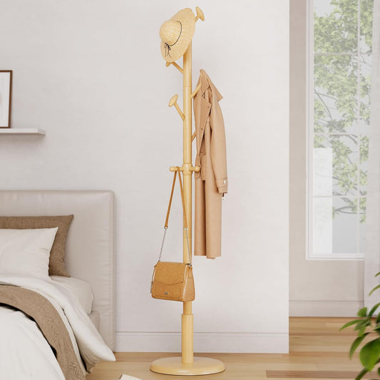 Solid Wood Coat Rack Freestanding Coat Tree with 10 Hooks for Bedroom, Livingroom, Entryway, Sturdy Coat Hanger Stand for Hats, Coats, Scarves, Handbags, Purses
