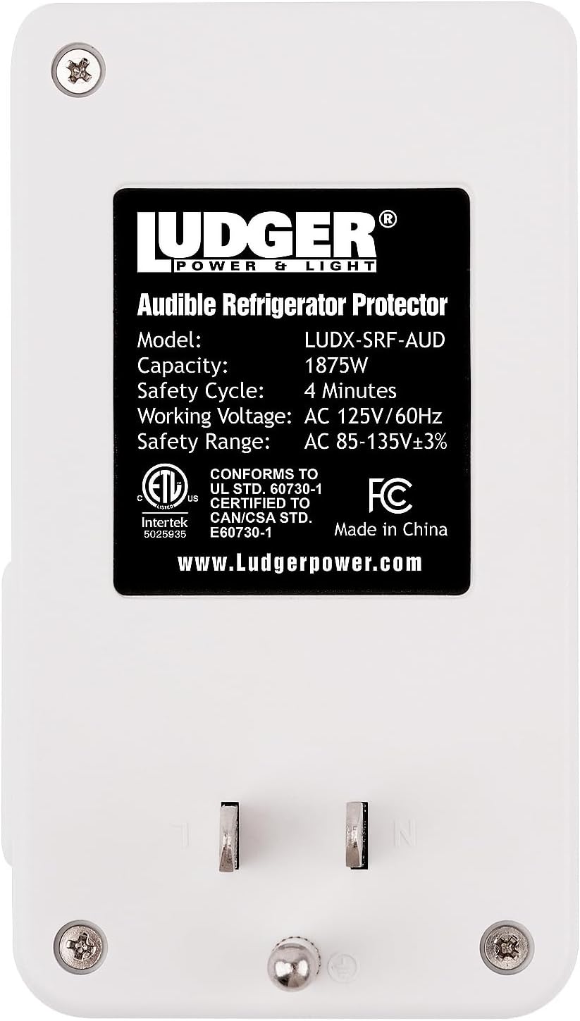 Ludger Power Surge Protector for Appliances (LUDX-SRF-AUD), ETL Certified, Appliance Surge Protector Refrigerator 90 Degrees, Connects to All Types of AC, Unique Side Socket, Audible Alarm