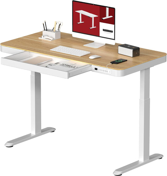 Standing Desk with Drawer, Electric Height Adjustable Home Office Desk with Storage & USB Ports, 48 inch Maple Wood Tabletop/White Frame