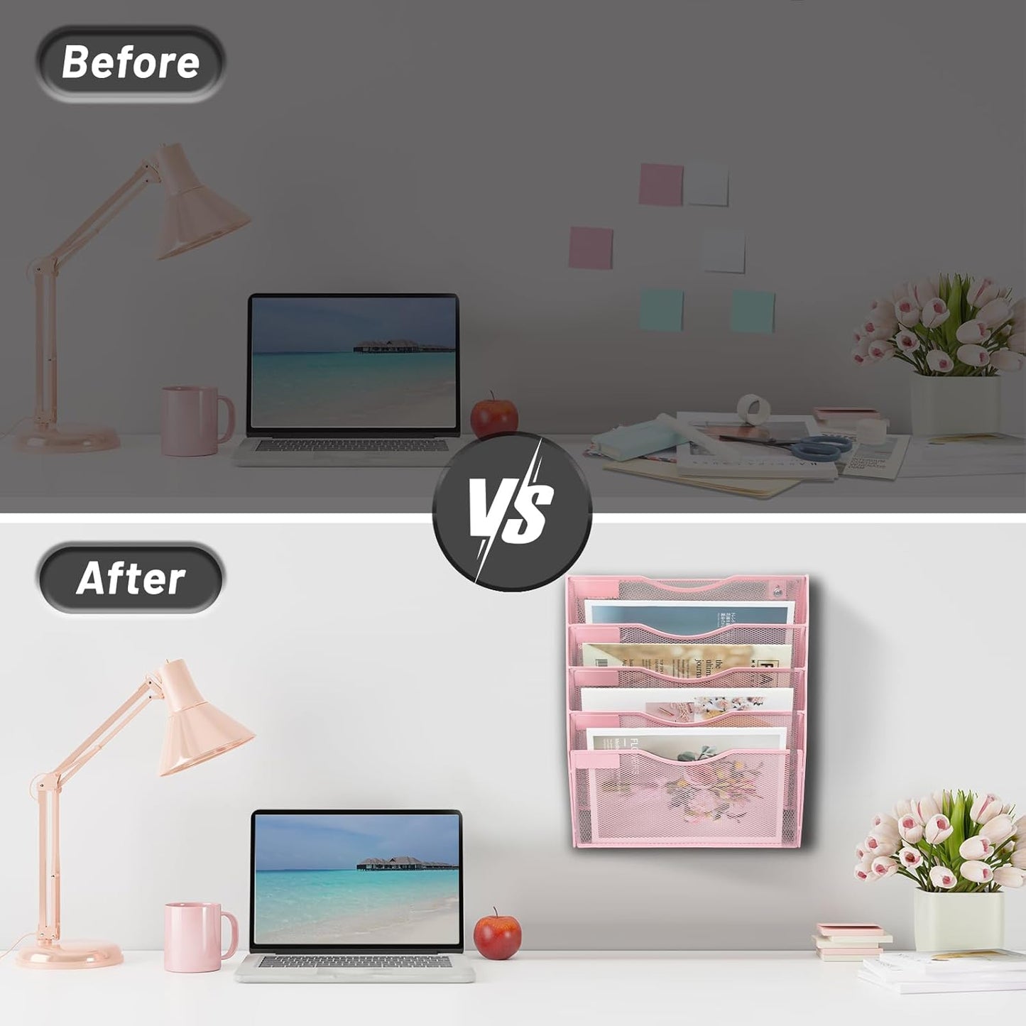 EASEPRES 5 Pocket Mesh Hanging Wall File Organizer, Wall Mounted Mail Paper Document Folder Holder, Clipboard Storage Organization Magazine Rack with Nametag Label for Office Home School, Pink