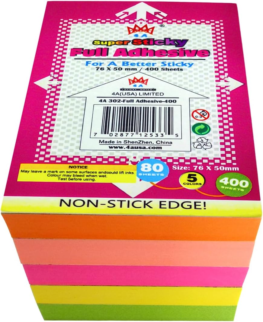 Full Adhesive Sticky Notes 3 x 2 in, Bright Colors, Colorful Small Sticky Notes Full Adhesive Back Self-Stick Note Pads for Office, School Supplies, 80 Sheets/Color, 5 Colors/Pack, 400 Sheets Total