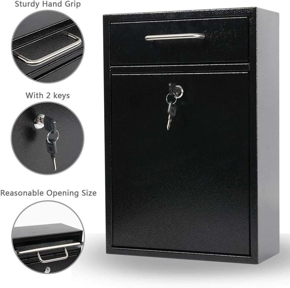 KYODOLED Steel Key Lock Mail Boxes Outdoor, Locking Wall Mount Mailbox, Security Lock Drop Box, Collection Boxes,16.2H x 11.22L x 4.72W Inches, Black X Large