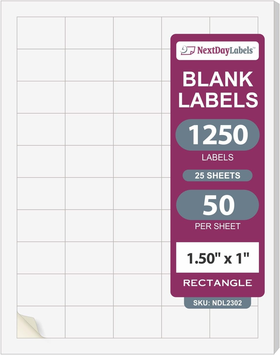 NextDayLabels – 1.5" x 1" Rectangular Sticker Labels for Printer - White Laser/Inkjet Printer Labels Return Address Labels Shipping Label Stickers (25 Sheets, 50 Per Sheet, 1250 Labels)