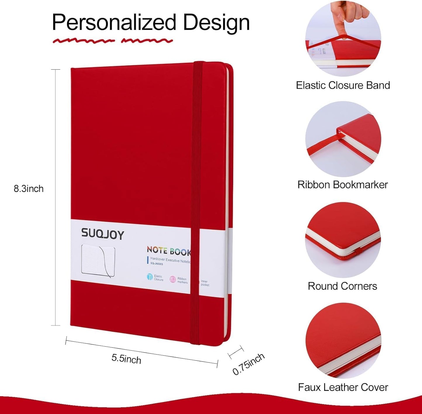 Lined Journal Notebooks, 160 Pages, 5.5x 8.2-Inch Journals for Women Men, Hardcover Notebook with 100 gsm Thick Paper, A5 Size College Ruled Notebook for Writing/Travel/Work (Red, 6 Pack)