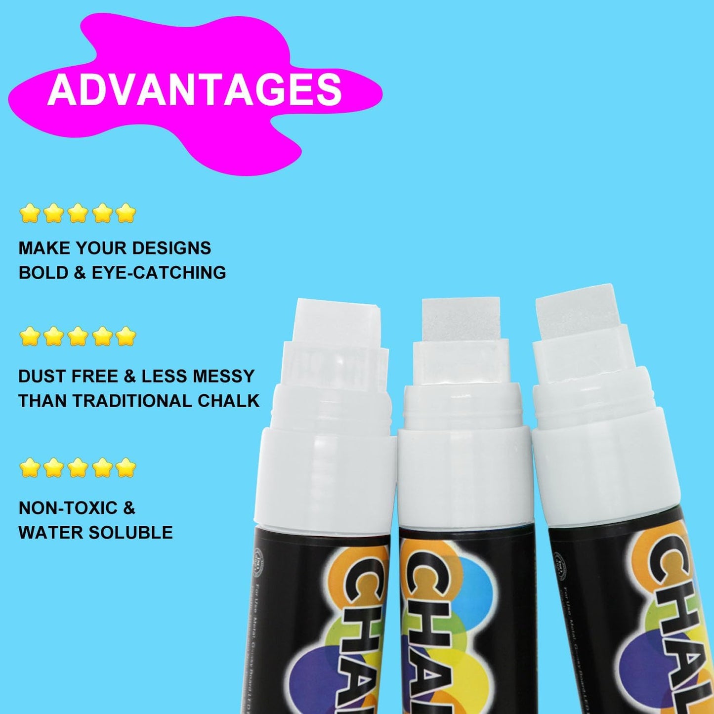 5 Pack Washable Window Markers for Cars, 15mm White Jumbo Liquid Chalk Markers, 3 in 1 Nib, Metallic & Neon Paint Glass Pen for Auto, Chalkboard, Blackboard, Bistro, Menus and Any Non-Porous Surface