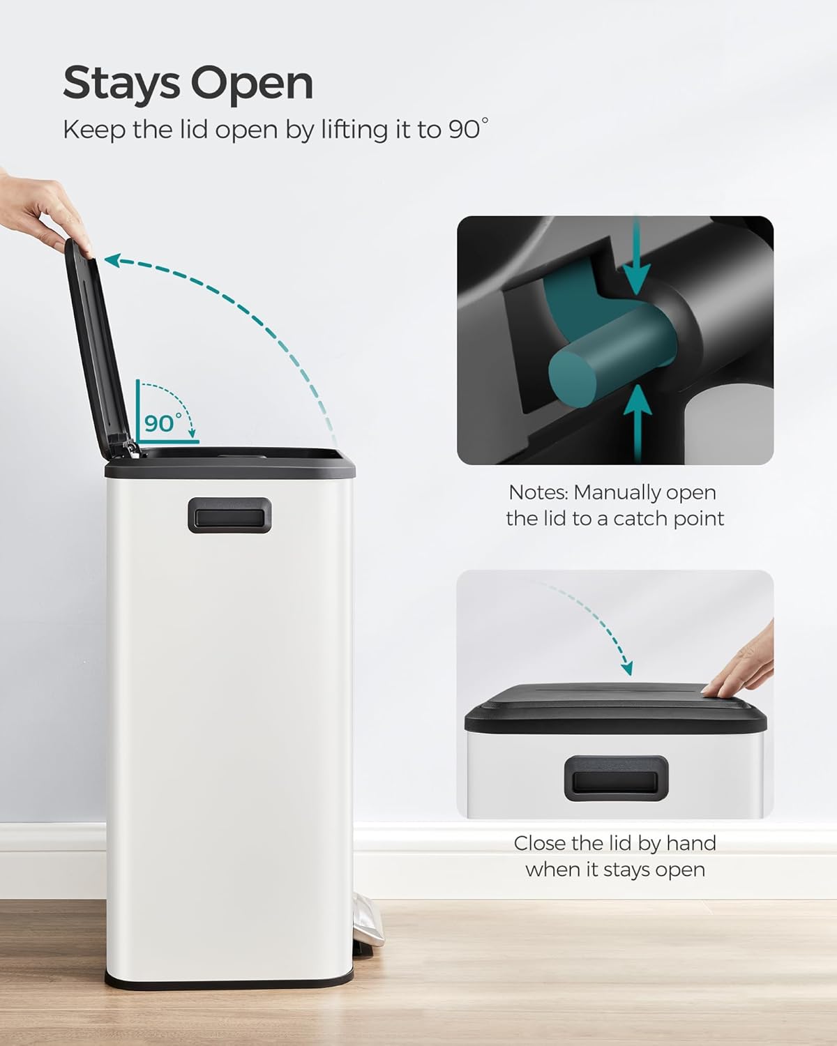 SONGMICS Kitchen Trash Can, 10.5-Gallon (40L) Garbage Can with Lid and Wide Foot Pedal, Soft Close and Stays Open, White ULTB541W40