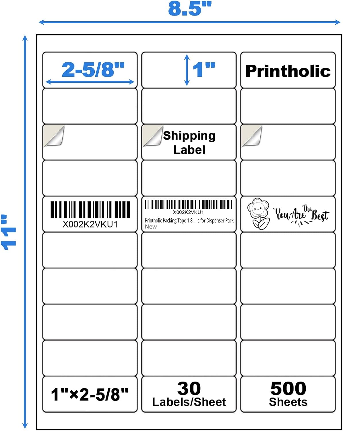 15000 30 Per Sheet Self Adhesive 1" x 2-5/8" Address Shipping Labels for Laser & Inkjet Printers - 500 Sheets, 30 Per Labels Per Page, 30 up Labels