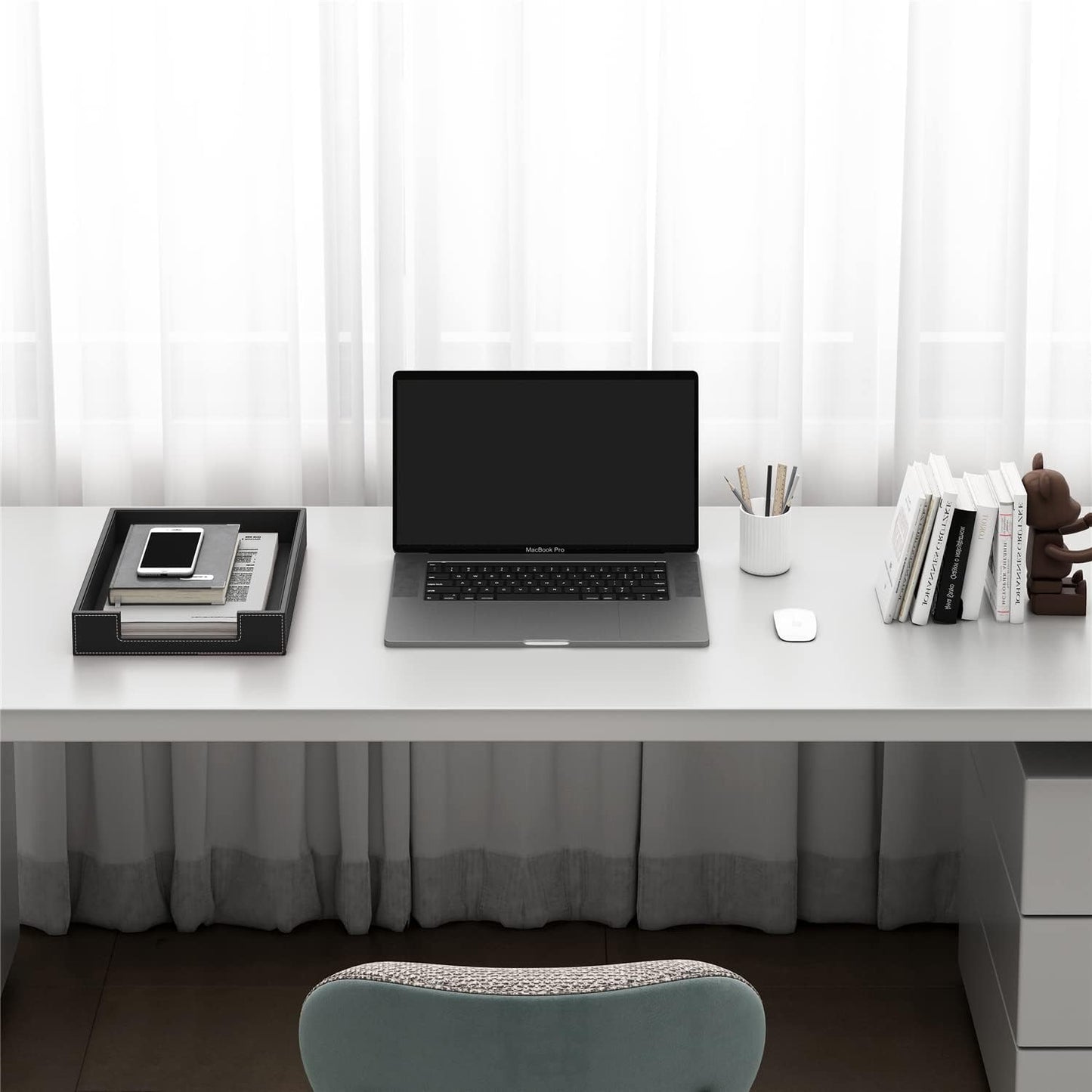 Leather Letter Tray, THIPOTEN Elegant Desk Organizer for Office Supplies, Mail, Paper, File, Magazine, Perfect Office Organization for Desktop(Black)