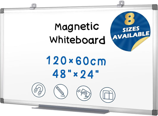SWANCROWN Magnetic Dry Erase Board 48 x 24 Inches - Large White Board, Silver Aluminum Frame, 4' x 2' Writing Whiteboard for Walls, Home Office, School, Studio