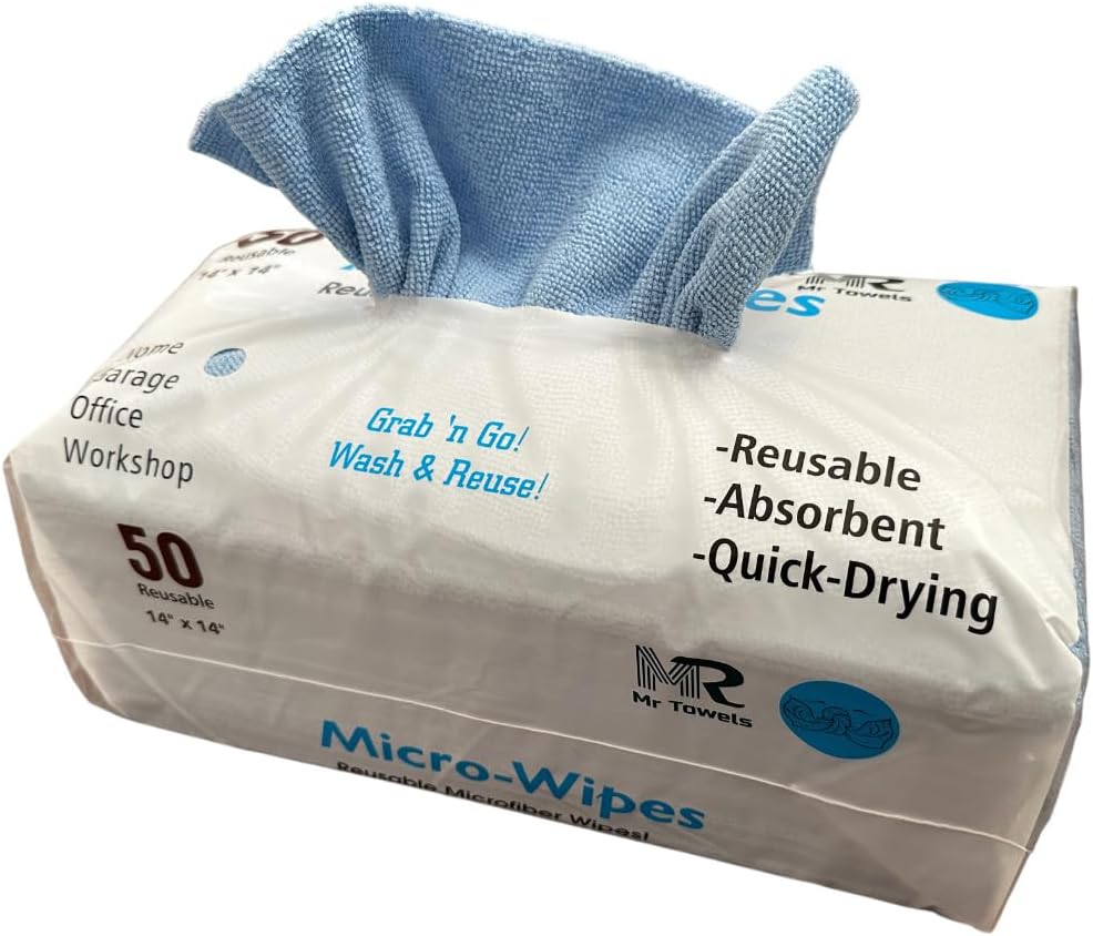 Reusable Microfiber Wipes, 50 Packs, Size 14 inches x 14 inches (Sky Blue)