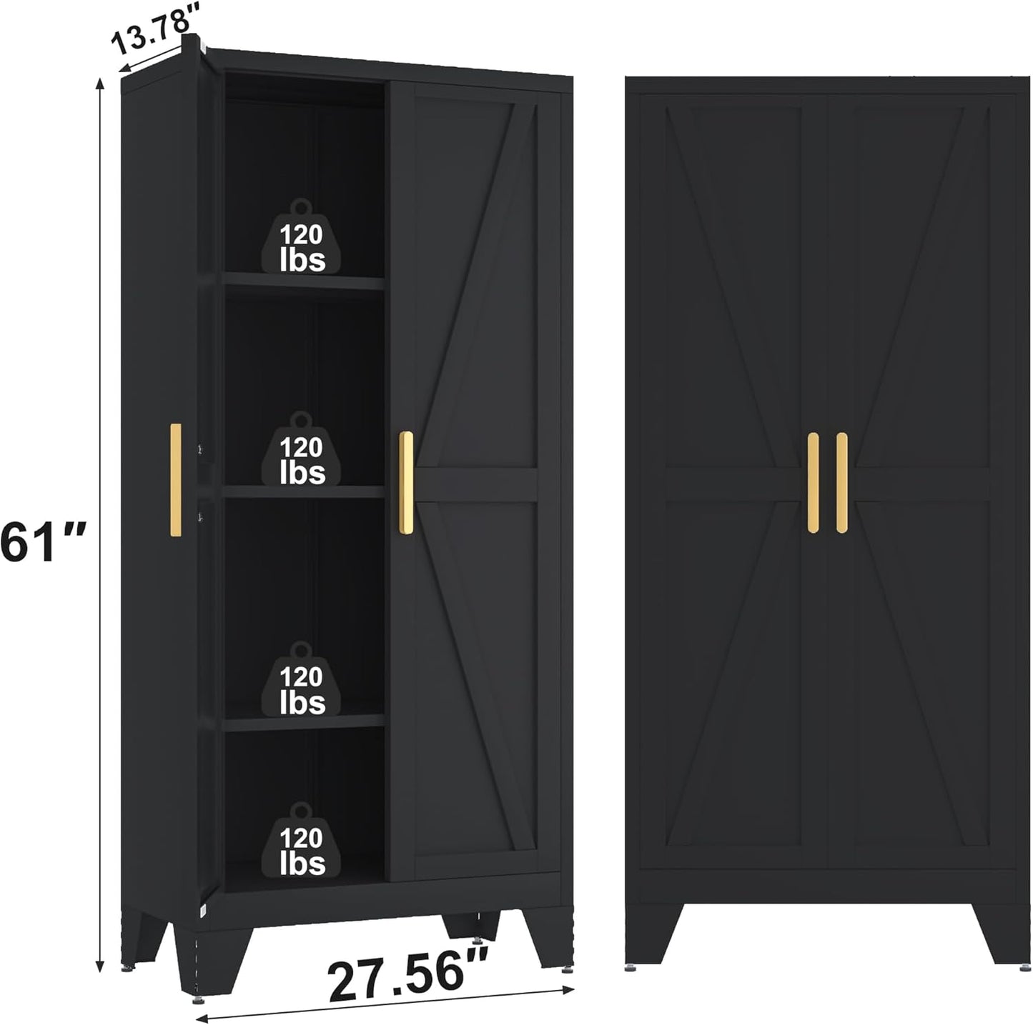 61H Metal Storage Cabinet with 2 Doors and 4 Shelves,Farmhouse Storage Cabinet with Barn Doors,Pantry Storage for Home,Office,Bathroom,Dining Room,Kitchen(Black)