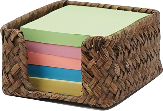 Sticky Note Holder Seagrass Post It Note Dispenser, 3 x 3 Inch Woven Sticky Note Dispenser, Farmhouse Post It Holder for Desk Home Office Decor, Coffee