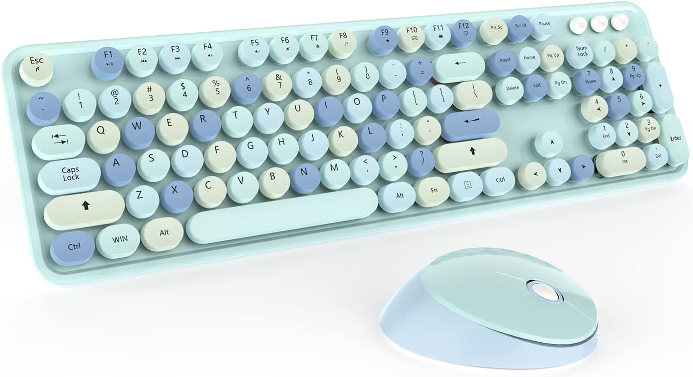 Wireless Keyboard and Mice Combo,Retro Round Keys Full-Sized Cute Keyboard, 2.4Ghz Dropout-Free Connection and Optical Mouse for Windows, Mac, PC, Laptop, Desktop (Blue-Colorful)