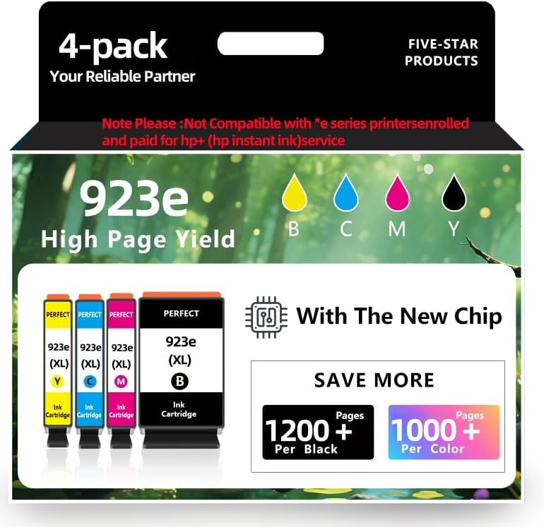 923e 923XLInk Cartridges with Chip 4-Pack High Yield for HP 923 923e Ink Compatible for HP OfficeJet Pro 8135e 8138e 8139e 8122e 8120 8123 8130 8133 Printers (1Black 1Cyan 1Magenta 1Yellow)