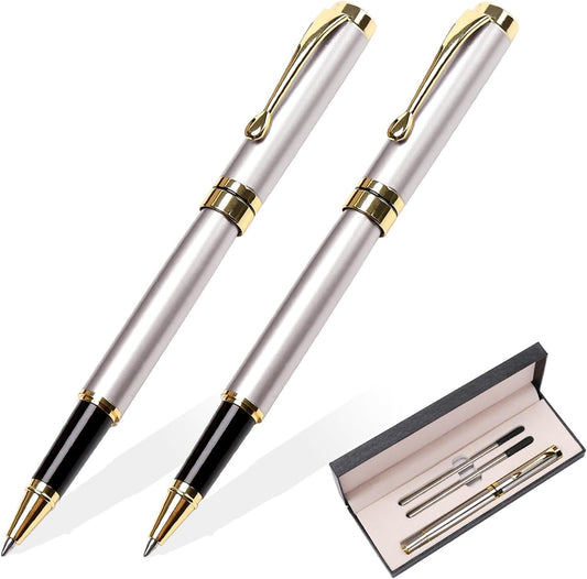 YIVONKA Luxury Ballpoint Pens Best Ball Pen Gift Set for Men & Women Professional Executive Office Nice BallPens Classy Gift Box Ballpoint Black Refill Line width 0.5mm (2 silver)