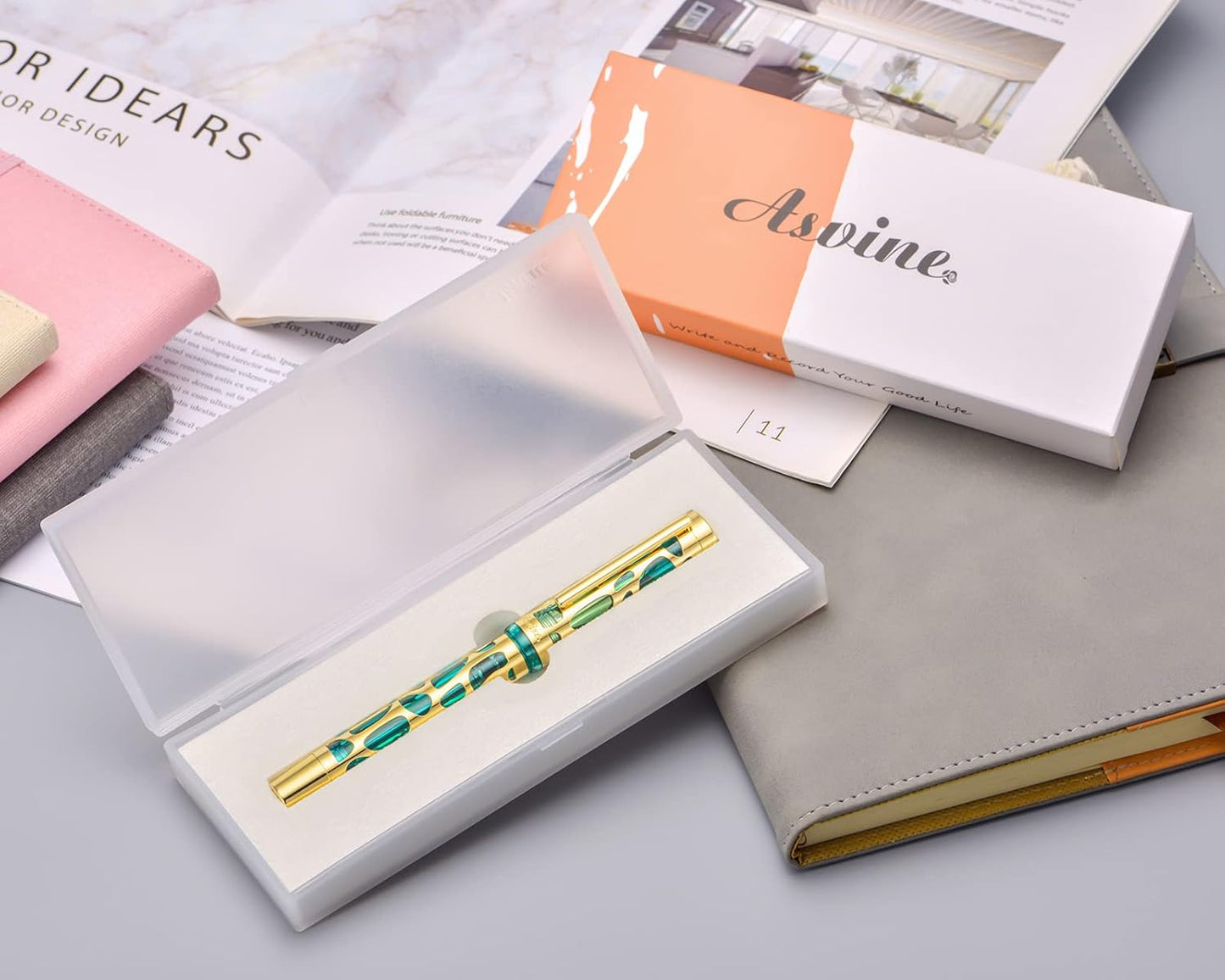 Asvine V169 Vacuum Filling Fountain Pen Iridium Extra Fine Nib, Water Drop Skeleton Gold Trim Transparent Green Acrylic Pen Case Set
