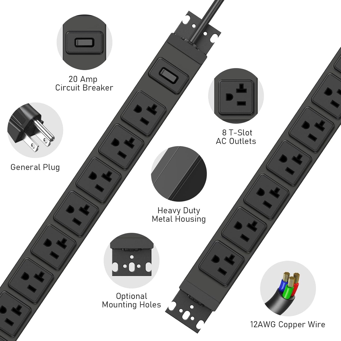 JUNNUJ Heavy Duty Power Strip Wall Mount, 20 Amp Surge Protector 1200J Metal 8 Outlet Under Desk Mounted 20A, Garage Power Table Socket Industrial Outlets 6-20R T-Slot, Black-15FT 12AWG Extension Cord