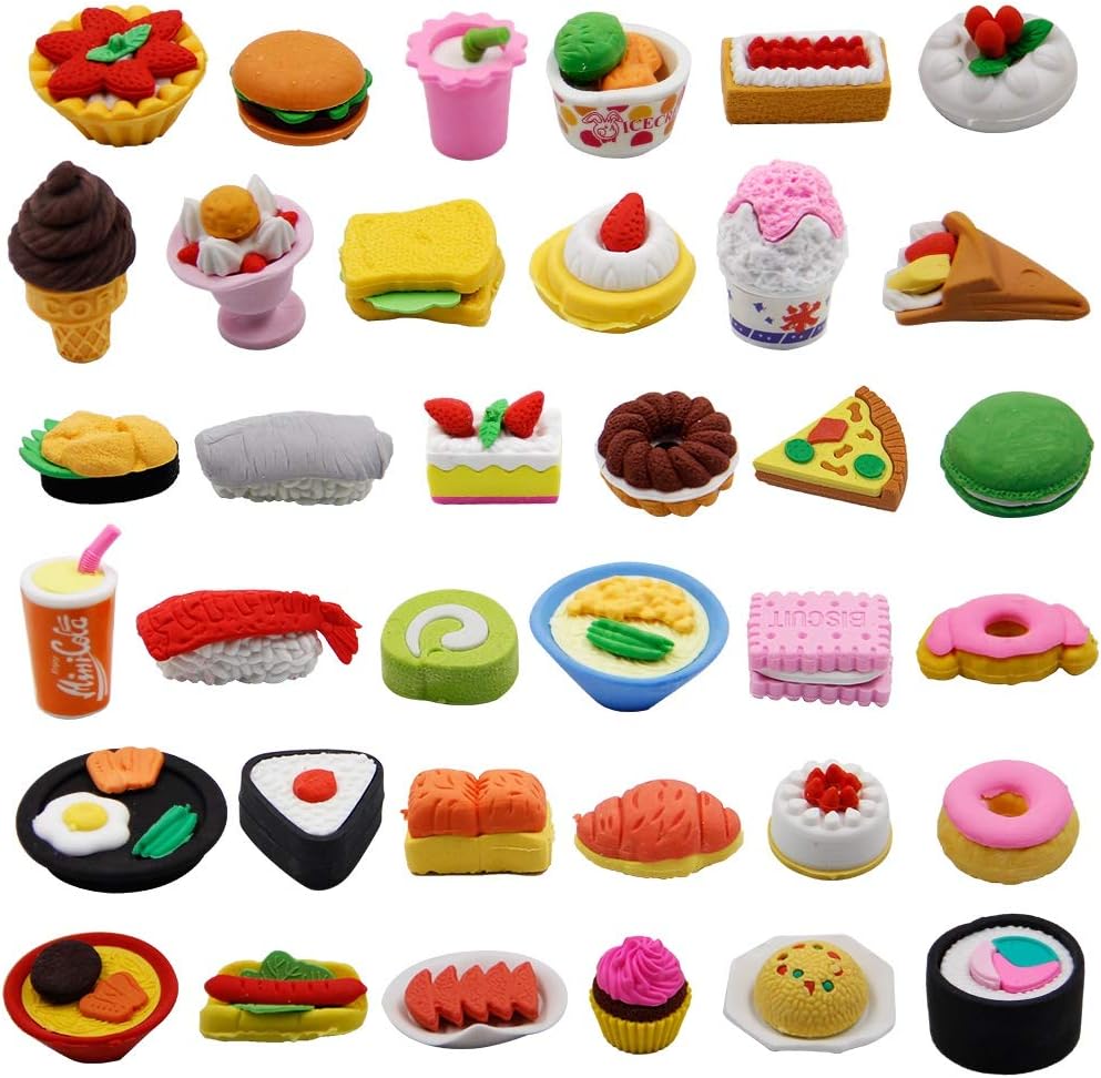 72 Pcs Assorted Food Pencil Erasers Toy Set, Cake Dessert Fruit Puzzle Erasers Toys for Kids Reward Party Favors (Food)