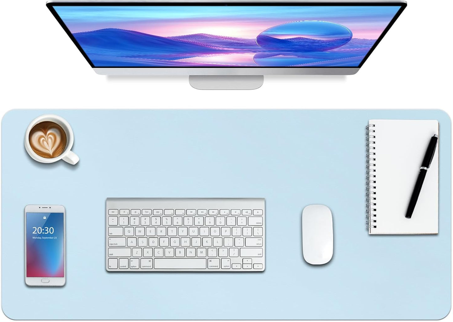 Boutilon Leather Desk Pad 30" x14",Non-Slip Mouse Pad,Office Desk Mat,Waterprooft PU Leather Desk Blotter,Desk Pad Protector,Desk Writing Pad for Home Office Decor (M-Light Blue)