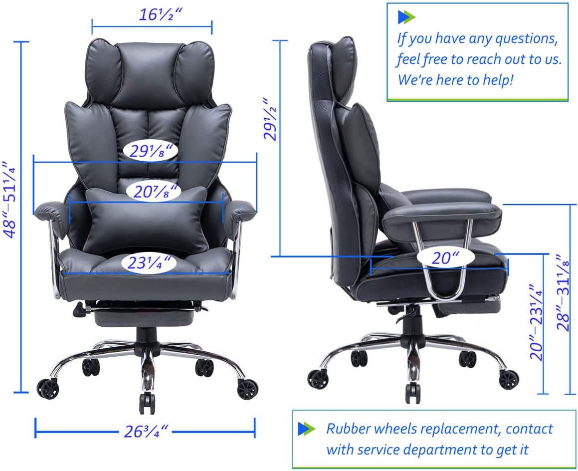 Efomao Big and Tall Office Chair with Footrest, 400LBS PU Leather High Back Executive Office Chair with Lumbar Support, Wide Computer Chair for Home Office, Dark Grey