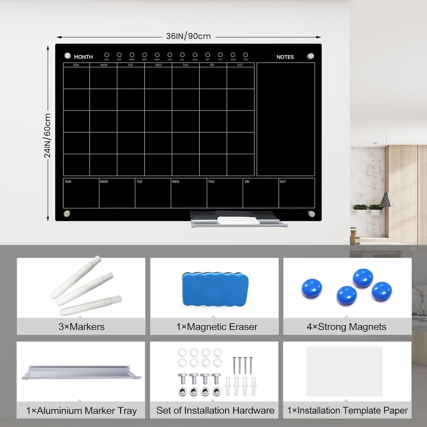 Magnetic Glass Whiteboard 36X24 Monthly Planner Calendar Dry Erase Board for Home, School, Office, Frameless, with Markers, Marker Tray, Eraser, Magnets (Black)