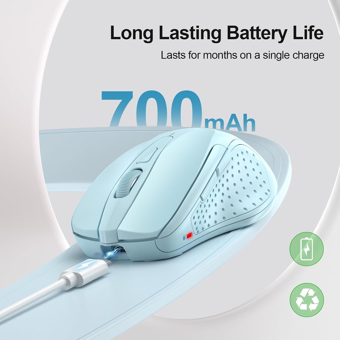 TECKNET Wireless Mouse (BT5.0/3.0 & 2.4G) Rechargeable 4800 DPI Silent USB A & Bluetooth Mouse 6 Buttons, Wide Compatibility - Lightblue