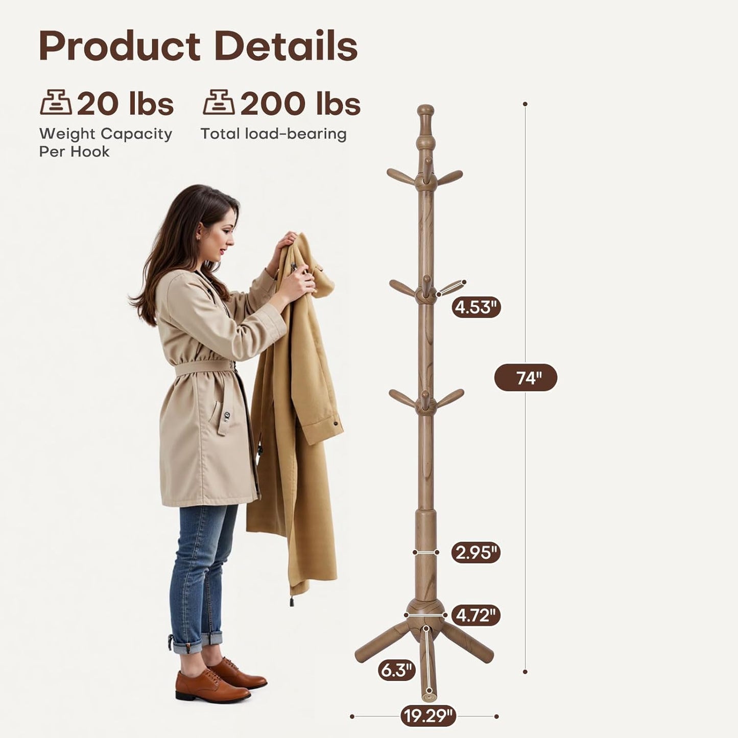 Wooden Coat Rack Stand - Coat Rack Freestanding with 9 Hooks, Adjustable Height, Clothes Hat Organizer, Heavy Duty Coat Hanger Stand for Bedroom, Entryway, Hallway, Office, Dorm, Walnut