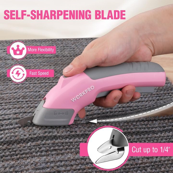 WORKPRO 4V Cordless Electric Scissors With 2 blades, Fabric, Leather, Carpet and Cardboard Cutter, 2000mAh Rechargeable Powerful shears with Storage Case