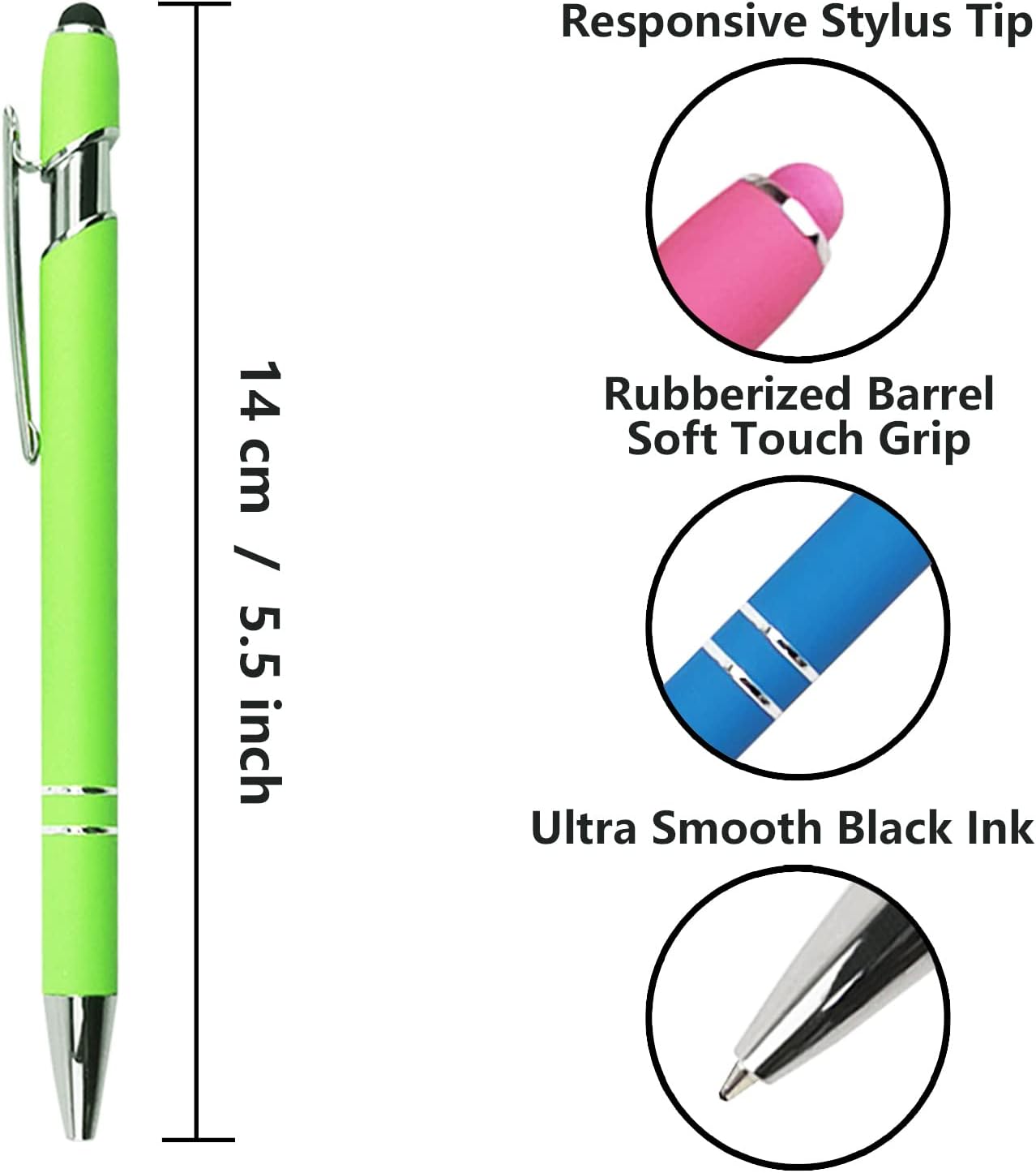 Ballpoint Pen with Stylus Tip, Soft Touch Click Metal Pen, 1.0mm Medium Point, Black Ink, 12 Count(Light Green)