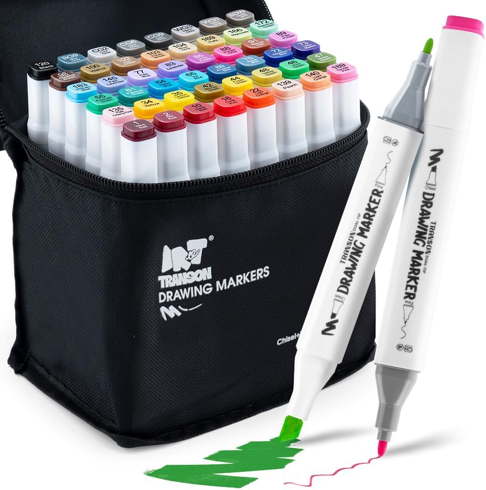TRANSON Alcohol Markers for Drawing Coloring 48 Colors Dual-tip Fine and Chisel Tips