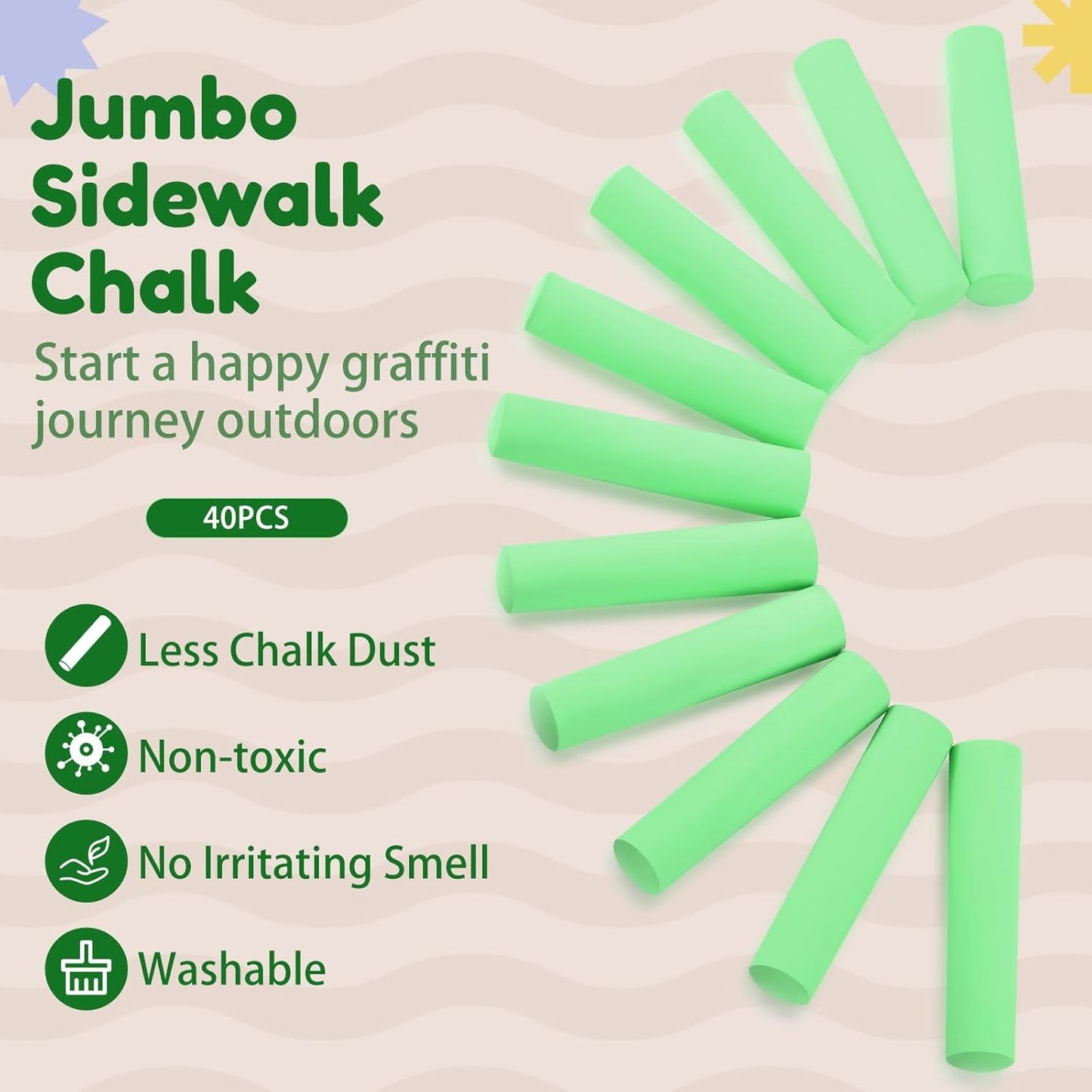 Fulmoon 40 Pcs Jumbo Sidewalk Chalk for Kids Outdoor Art Non Toxic Large Washable Street Chalk for Adults Drawing Painting Classroom(Fruit Green,Round Style)