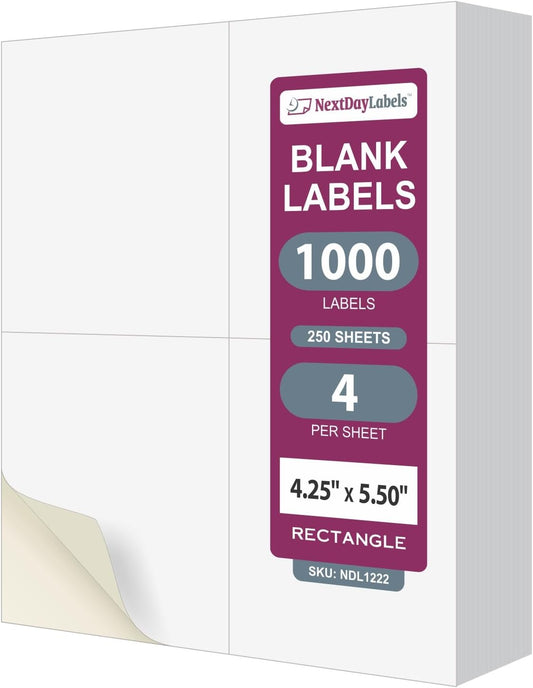 NextDayLabels – 4-1/4" x 5-1/2" Rectangular Sticker Labels for Printer - White Laser/Inkjet Printer Labels Return Address Labels Shipping Label Stickers (250 Sheets, 4 Per Sheet, 1000 Labels)