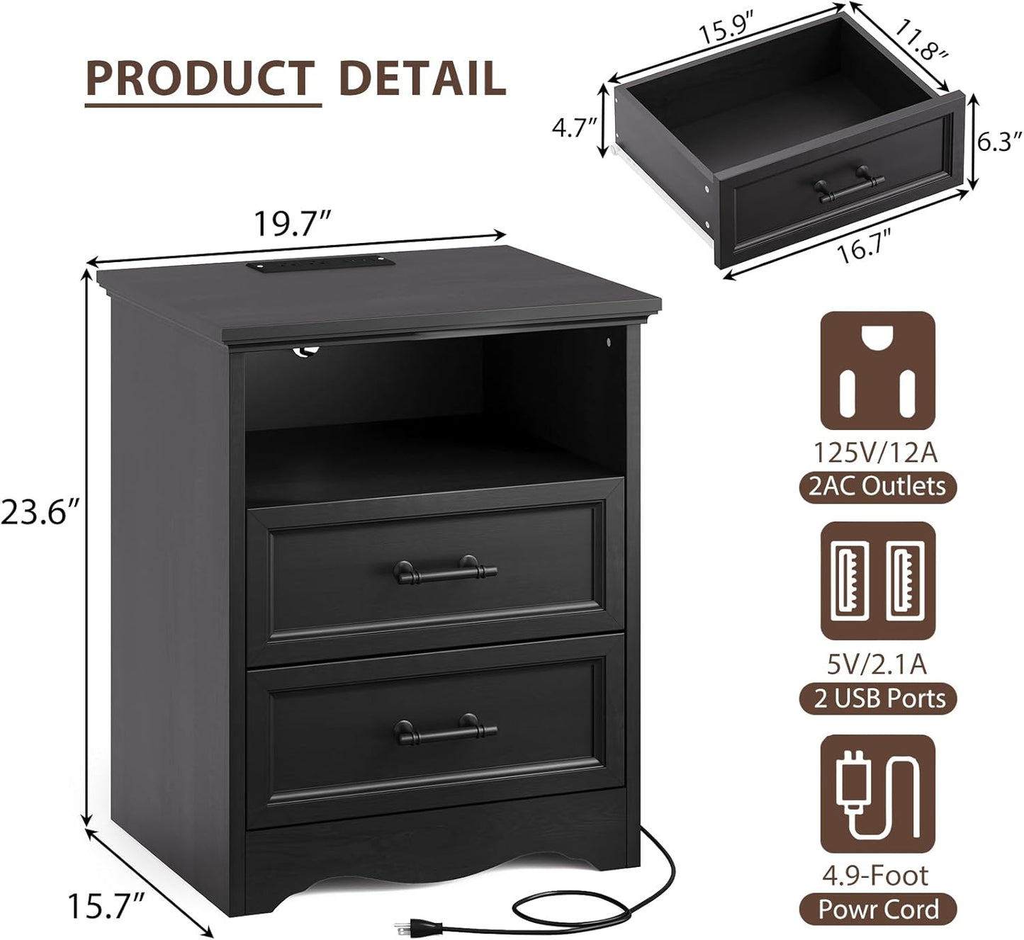 Black Nightstand with Charging Station, Farmhouse End Table with 2 Drawers, Bedside Table with Space-Saving Storage Cabinet, Unique Base Design for Bedroom & Living Room