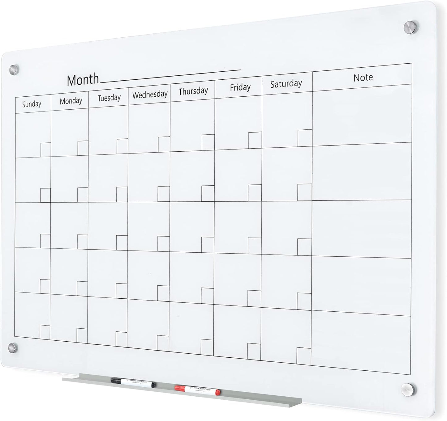J&J worldwide Magnetic Whiteboard Calendar, 3' x 2' Glass Wall Calendar Dry Erase Board Monthly Planner for Home, School, Office, Frameless, with Markers, Marker Tray, Eraser, Magnets, 35 x 23 Inches