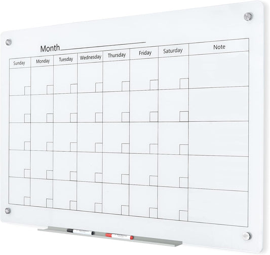 J&J worldwide Magnetic Whiteboard Calendar, 3' x 2' Glass Wall Calendar Dry Erase Board Monthly Planner for Home, School, Office, Frameless, with Markers, Marker Tray, Eraser, Magnets, 35 x 23 Inches