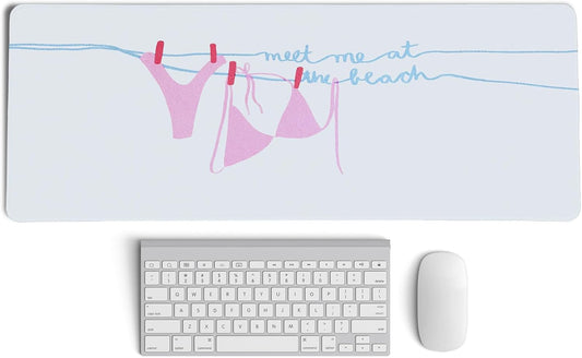 Pink Sexy Bikini Mouse Pad,Pink Girly Ocean Beach Themed Mouse Pads,XL Large Coastal Ocean Desk Mat,Meet Me at The Beach,Preppy Girly Summer Desktop Decor Art,Gifts for Girls,31.5x11.8 Inch