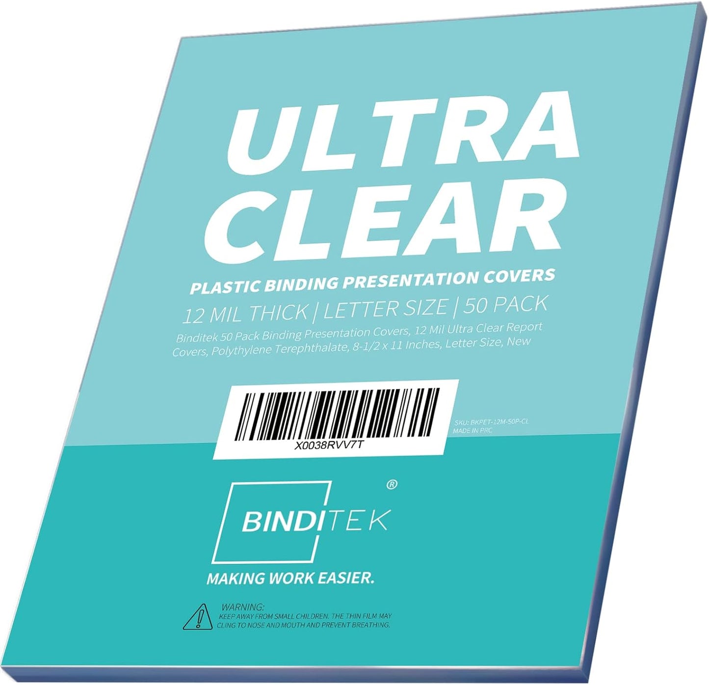 Binditek 50 Pack 12 Mil Ultra Clear Binding Covers, Polythylene Terephthalate, 8.5 x 11 Inches, Letter Size, Square Corners, Un-Punched, for Students and Coworkers