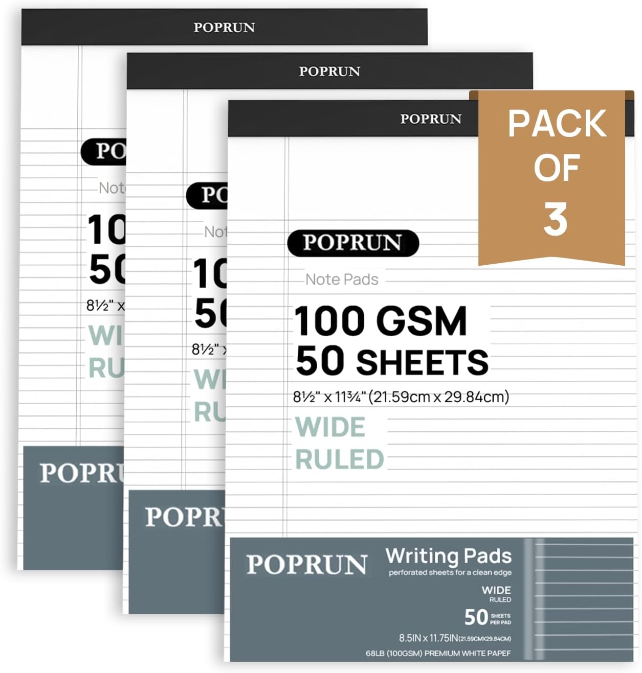 POPRUN White Legal Pads 8.5 x 11.75 Wide Ruled, 100GSM Writing Paper Pad, Bulk Lined Notepad Notebooks for Work School, Classroom Office Supplies, 3 Pack